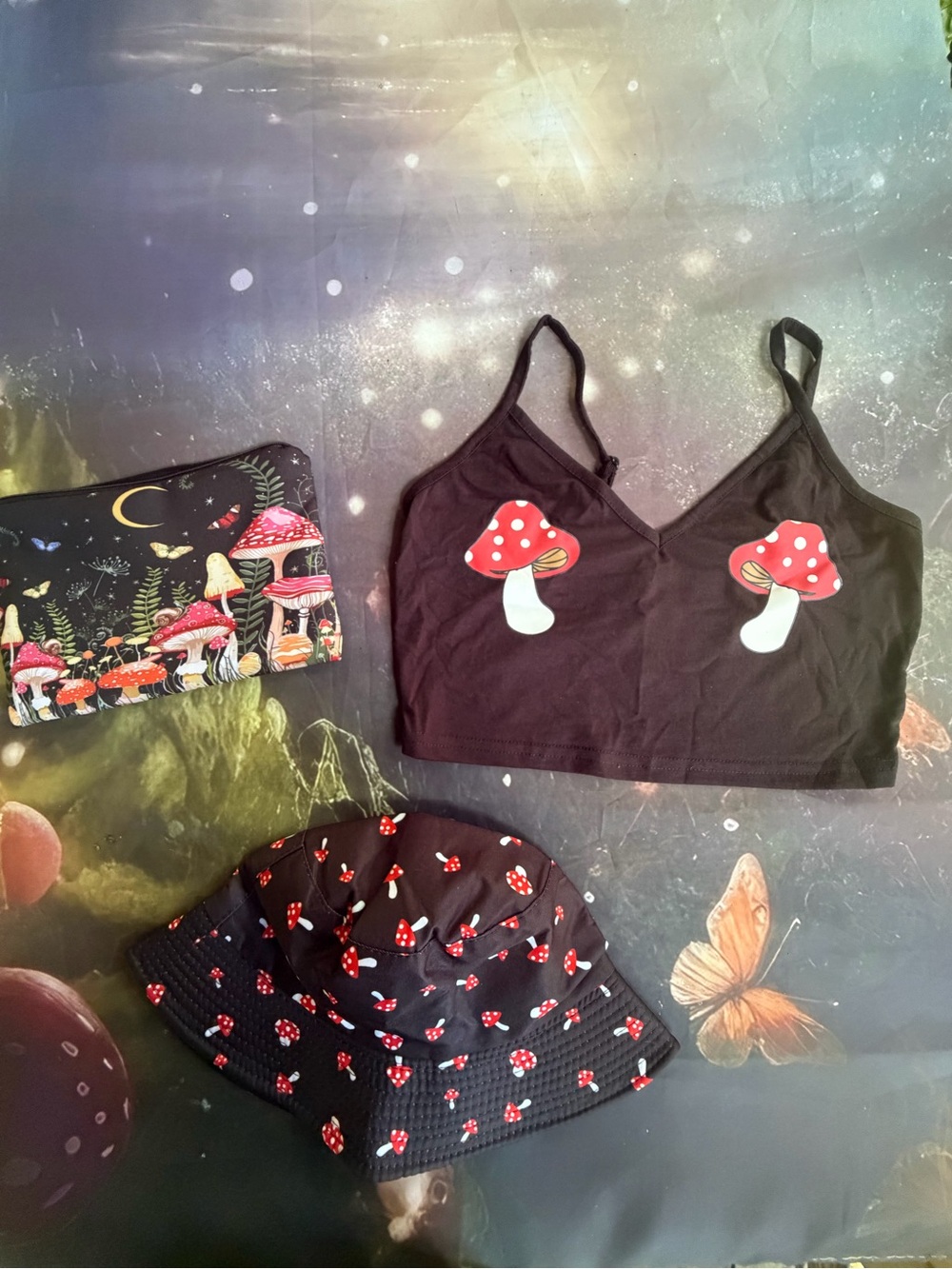 Mushroom Graphic Crop top with matching hat and makeup bag